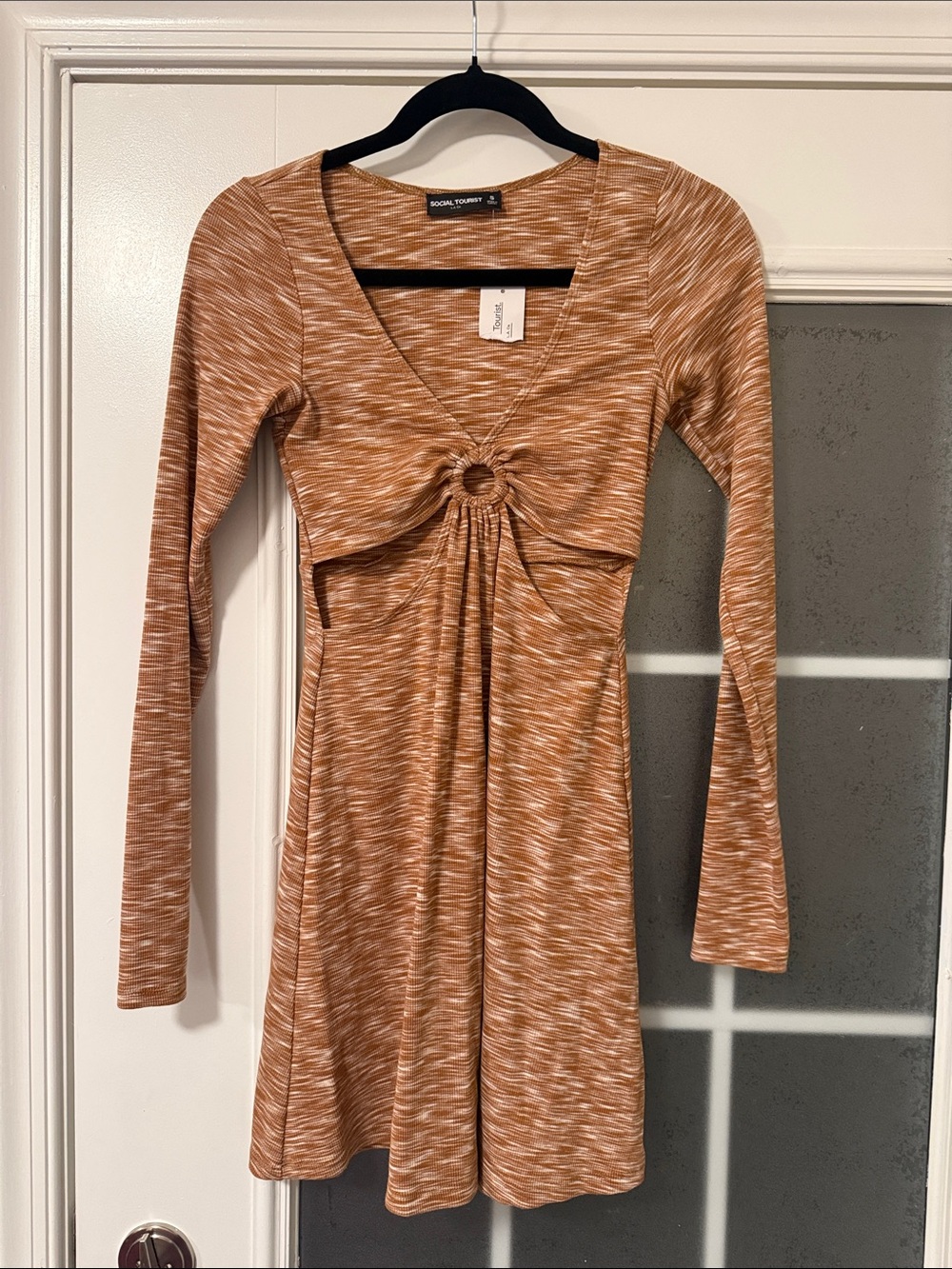 Smocked-Ring Long Sleeve Knit Dress in Rusty Tan